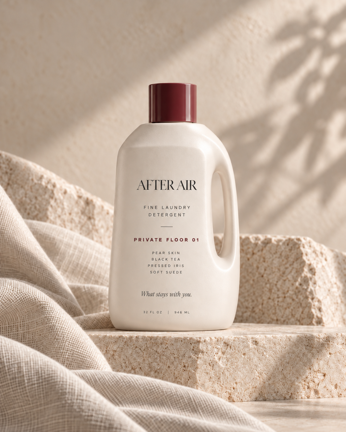 AFTER AIR PRIVATE FLOOR 01 fine laundry detergent in bone bottle with oxblood cap
